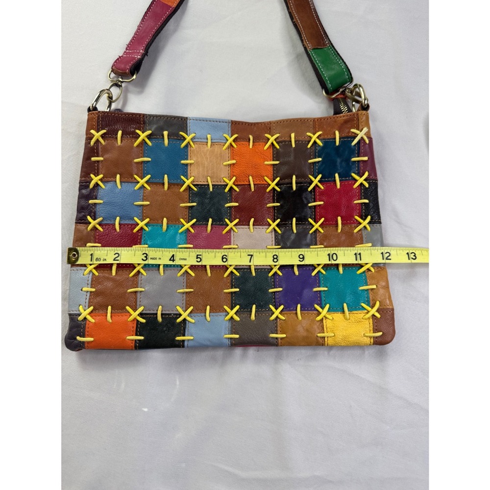AmeriLeather Patchwork Leather Crossbody Bag Multicolor Whipstitch Hobo - Picture 2 of 16